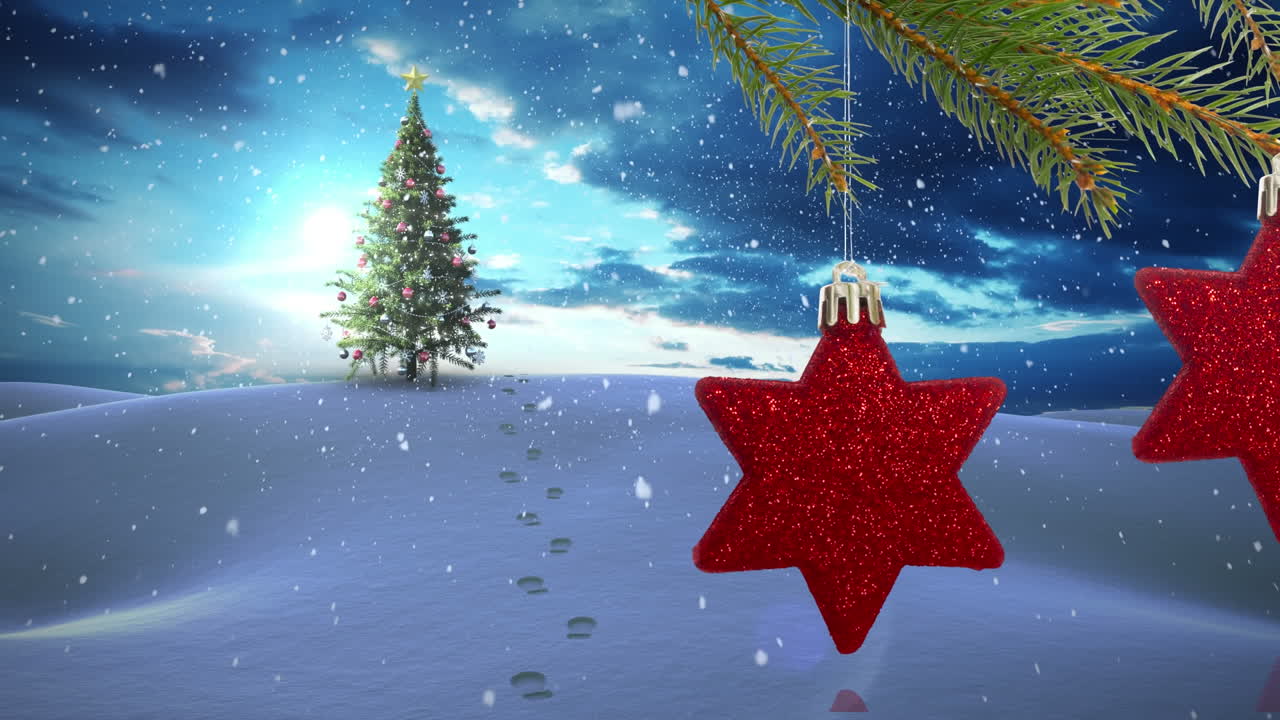 animación de decoraciones navideñas sobre el árbol de navidad