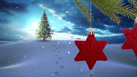 animación de decoraciones navideñas sobre el árbol de navidad