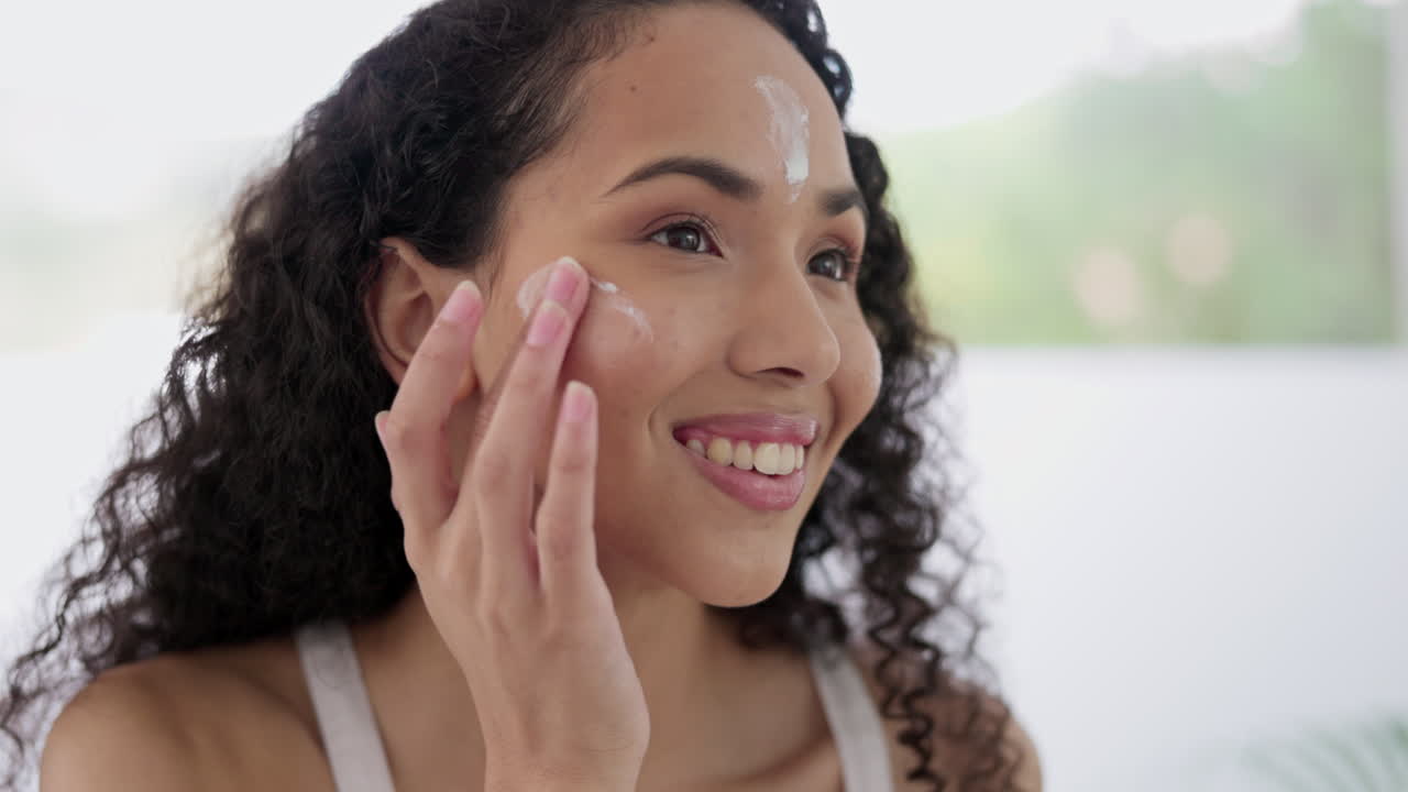 Happy woman, face and cream for skincare