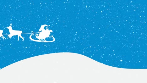 Animation-of-santa-claus-in-sleigh-with-reindeer-moving-over-snow-falling-on-blue-background