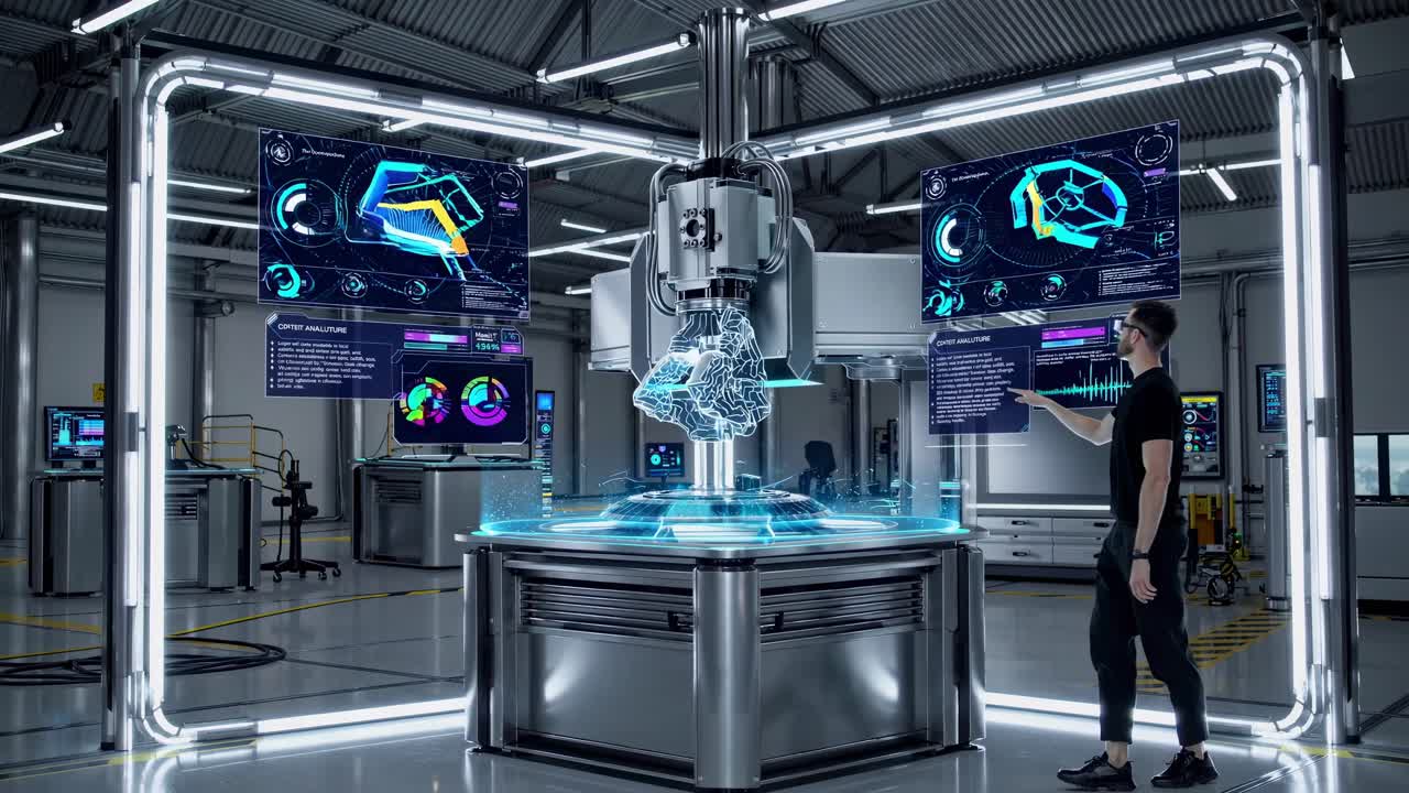 In a futuristic factory setting, an engineer interacts with a holographic interface, managing and monitoring a 3D printing process, surrounded by advanced technology and innovative design