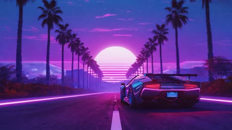 synthwave supercar driving on a neon-lit road at sunset