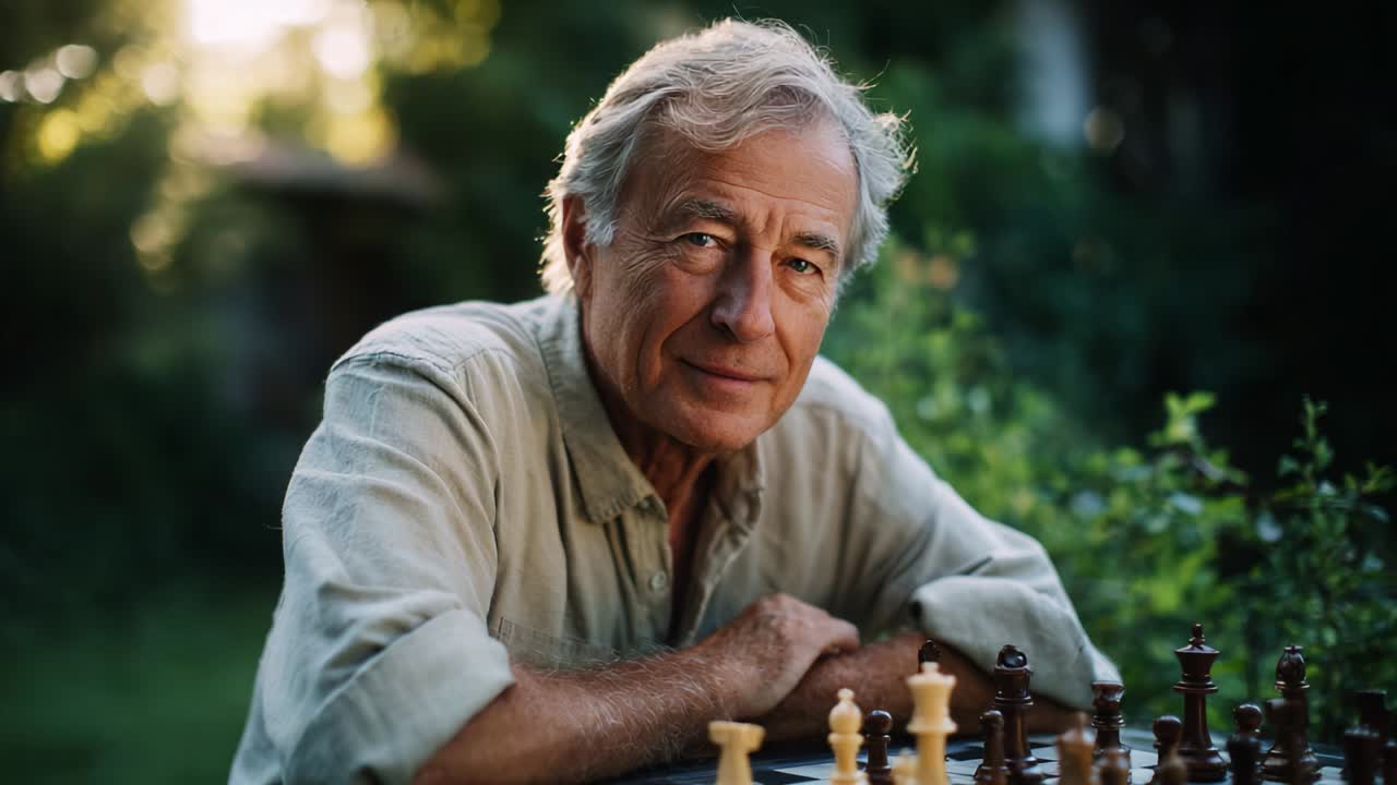 An elderly gentleman enjoys a peaceful afternoon engaged in a game of chess, showcasing a beautiful wood chess set as the sunlight filters through the lush greenery, creating a serene and contemplative atmosphere