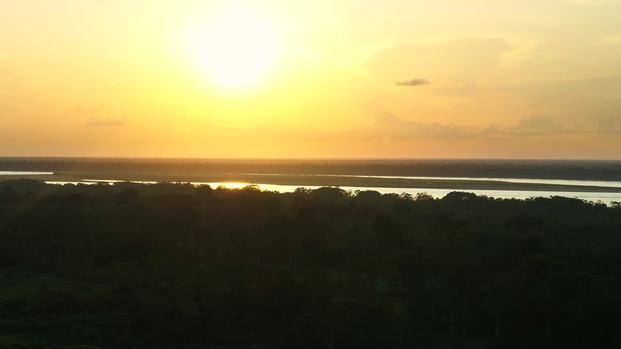 Lateral drone shot over the Amazon rainforest, showing the Amazon river