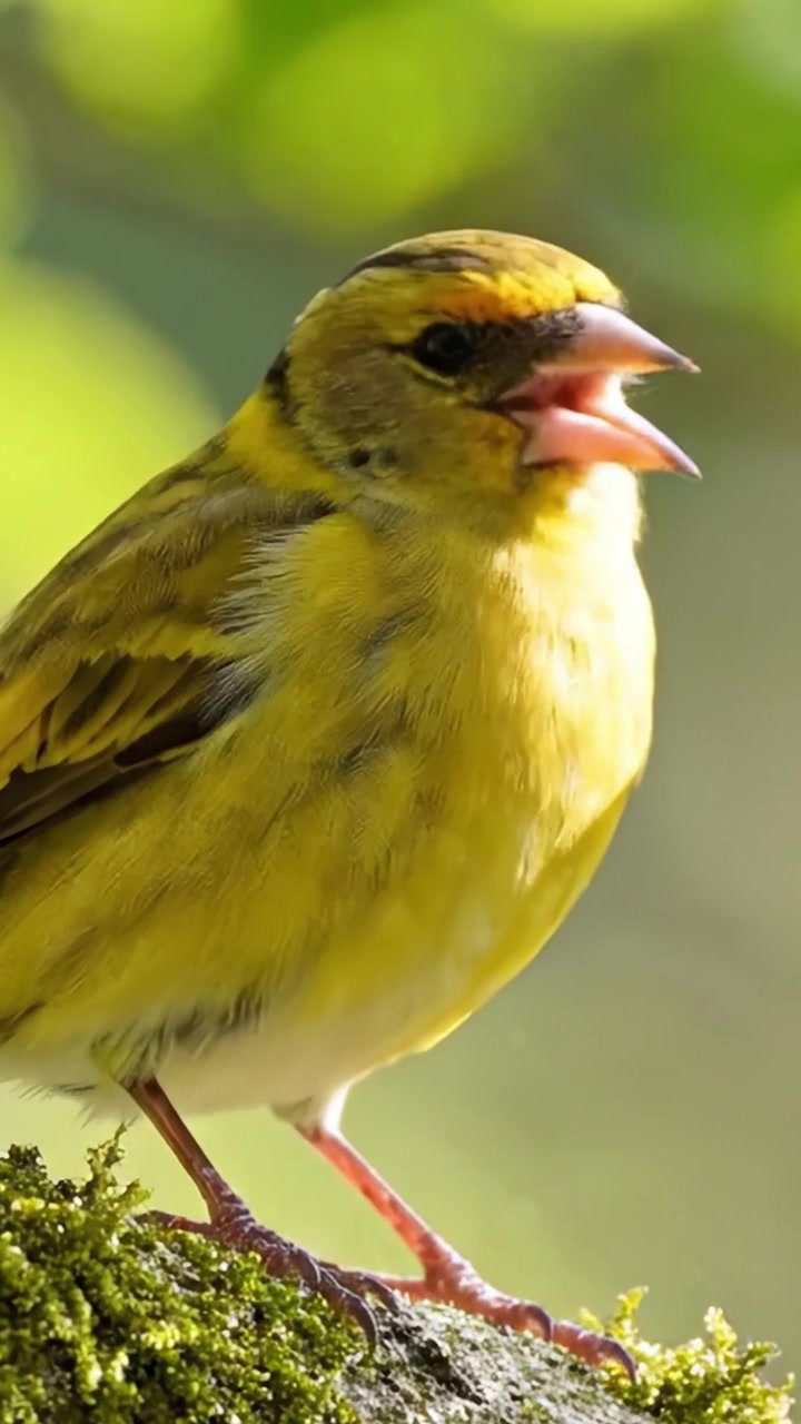Ritratto Accattivante di un Uccello Giallo Vivace Appollaiato su un Ramo Coperto di Muschio su uno Sfondo Verde Tenue nel Suo Habitat Naturale