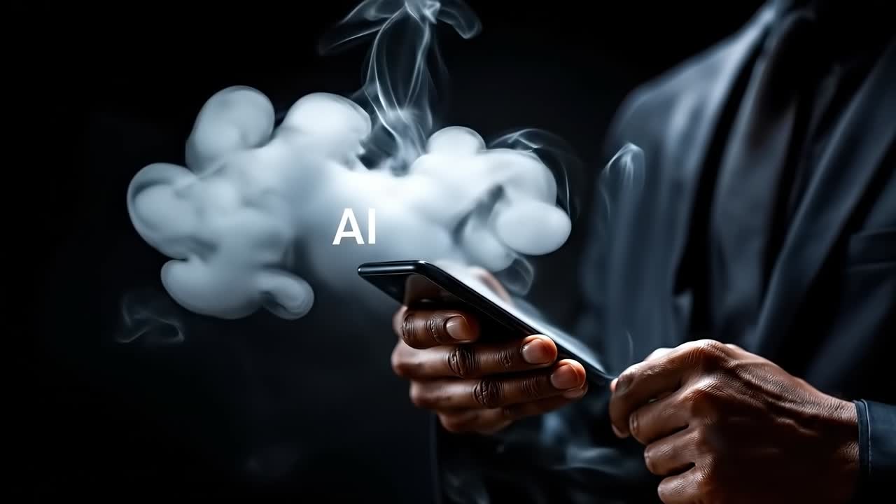 A person holding a cell phone with the word AI on the screen