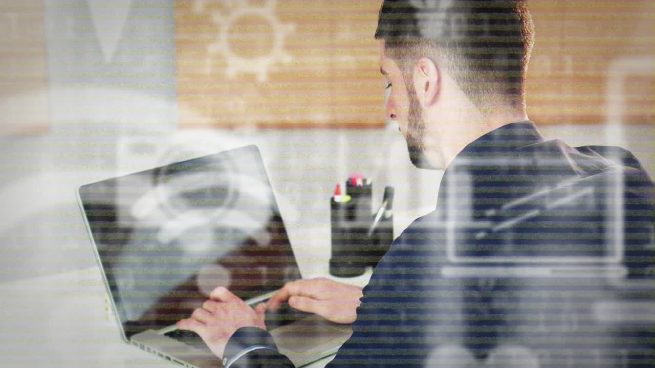 animación del procesamiento de datos sobre el empresario caucásico en la oficina