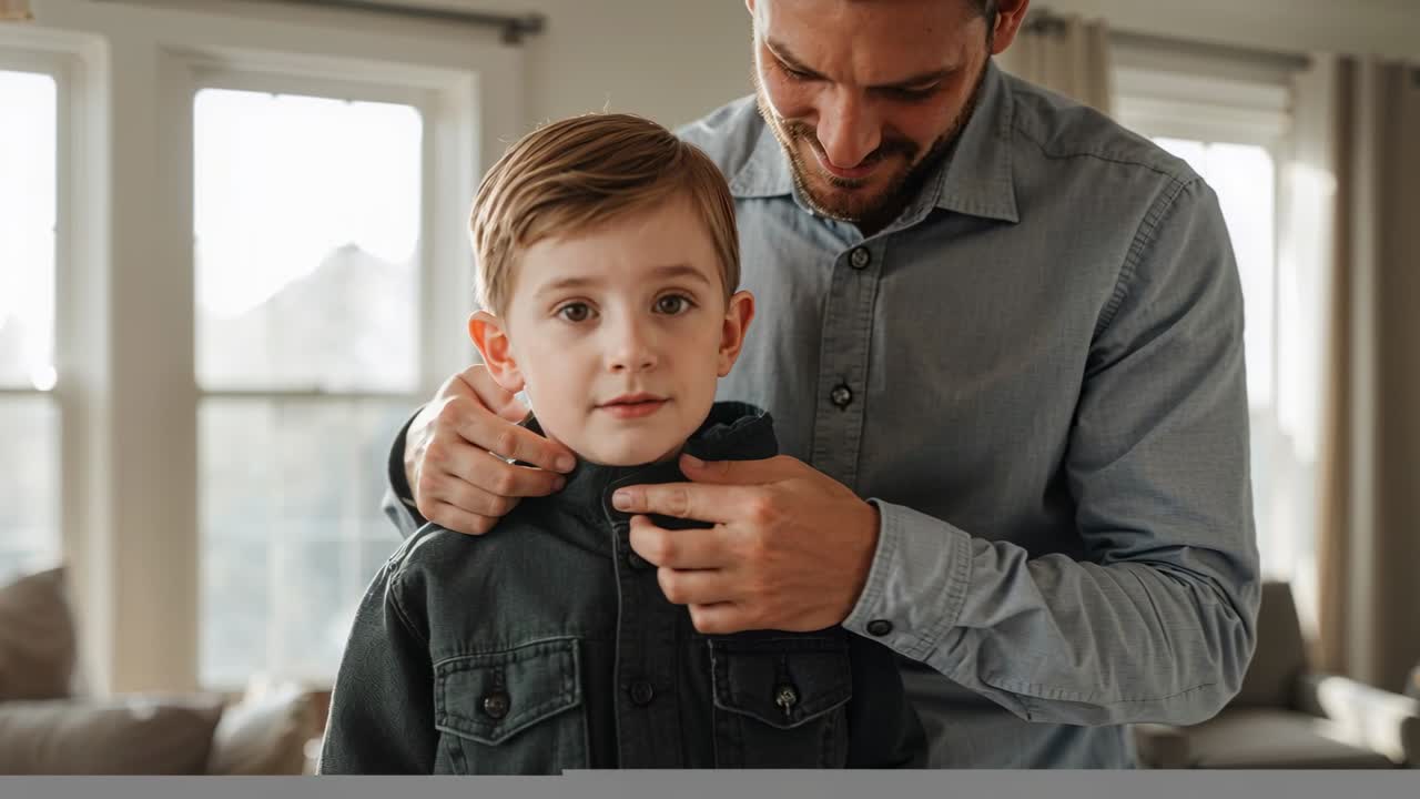 Grasping dad fastening jacket to keep child warm at home in light shirt, dark green jacket
