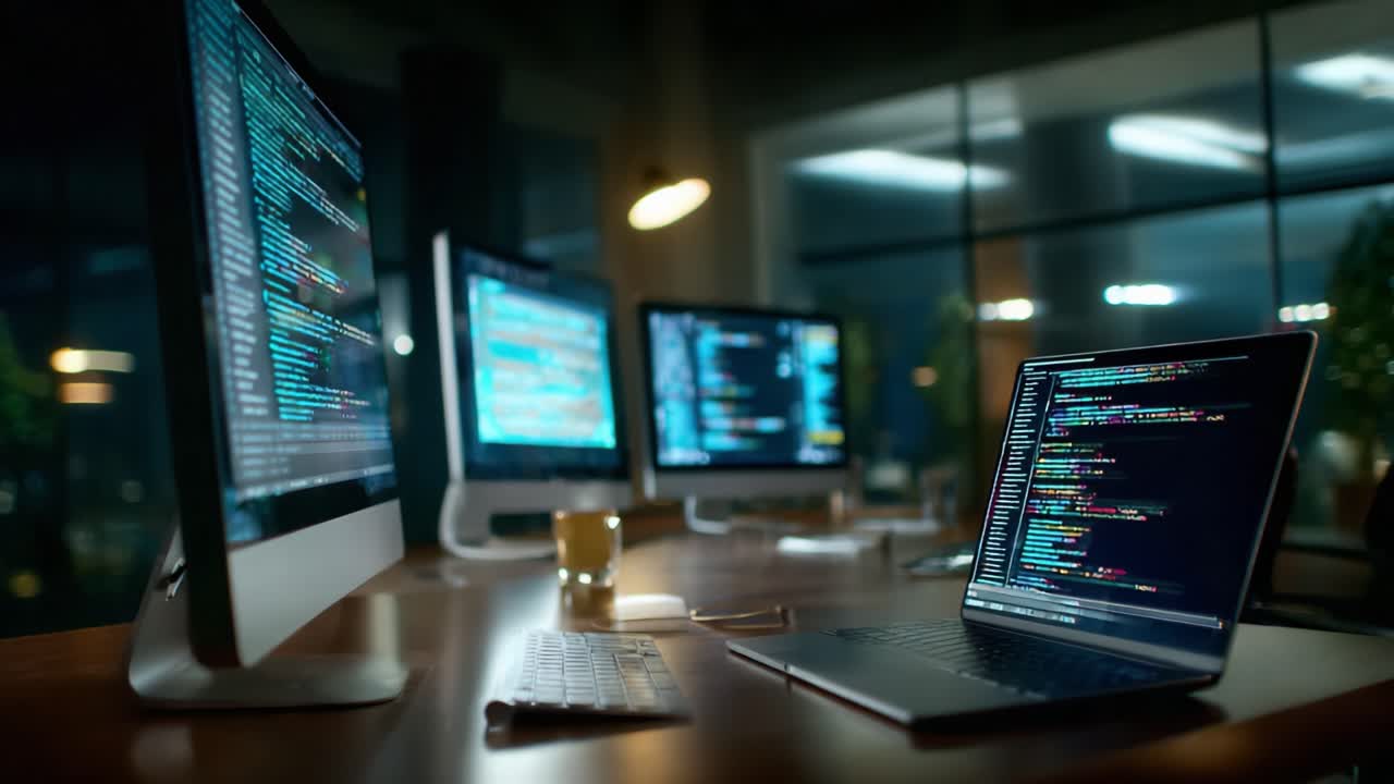 A modern workspace featuring multiple screens illuminated at night, with programming code displayed prominently, showcasing the lifestyle of a programmer or software developer immersed in their work environment