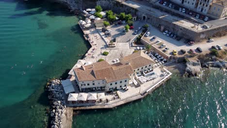 aerial of church of saint nicholas of the baths and faliraki corfu, greece