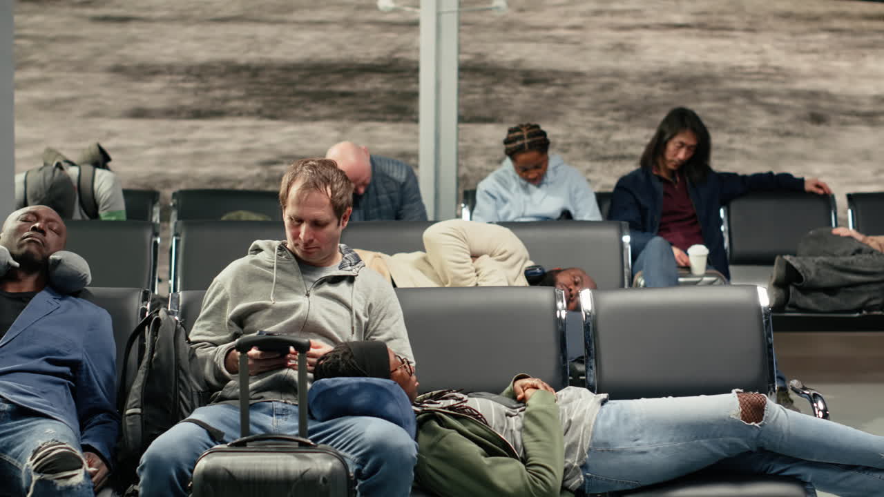 Fatigued people in airport lounge lying down on metallic benches