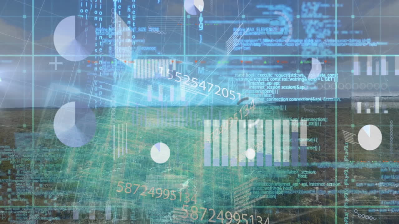 Digital data and coding animation over landscape with green fields