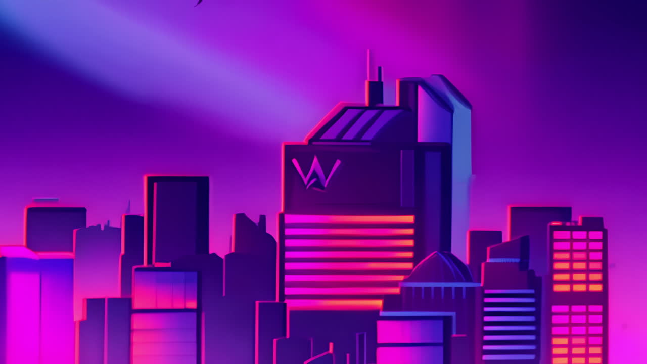 Neon-lit futuristic cityscape animation with glowing skyscrapers and purple sky