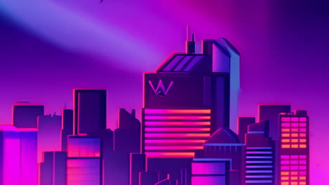 neon-lit futuristic cityscape animation with glowing skyscrapers and purple sky