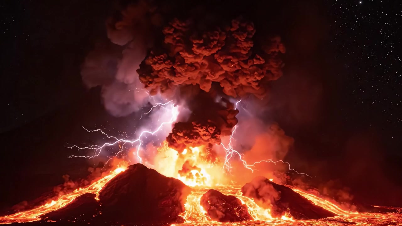 Et imponerende vulkanutbrudd fanget på nattehimmelen, som viser flammende lavastrømmer, utbruddssøyler og en ettertrykkelig demonstrasjon av naturens rå kraft