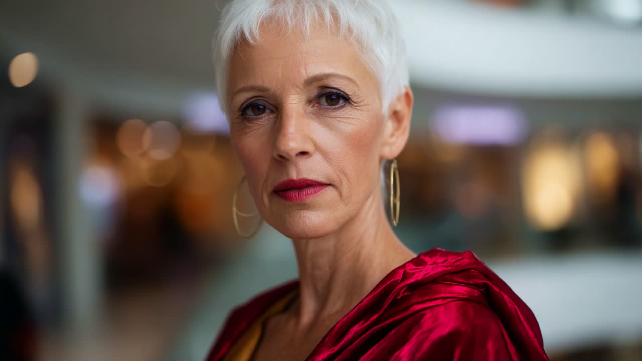 Donna elegante con capelli bianchi corti e un vivace mantello rosso, che emana sicurezza ed eleganza in un ambiente contemporaneo con un'atmosfera di sfondo sfocata