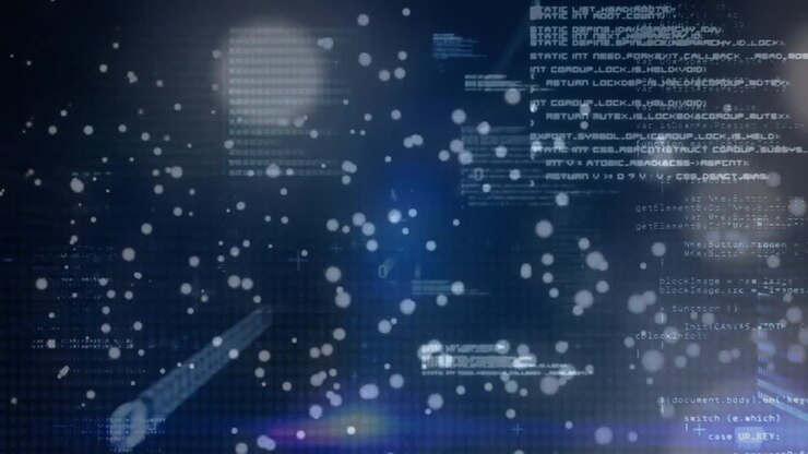 Animation of glowing circles and dots floating over programming language with looping binary codes