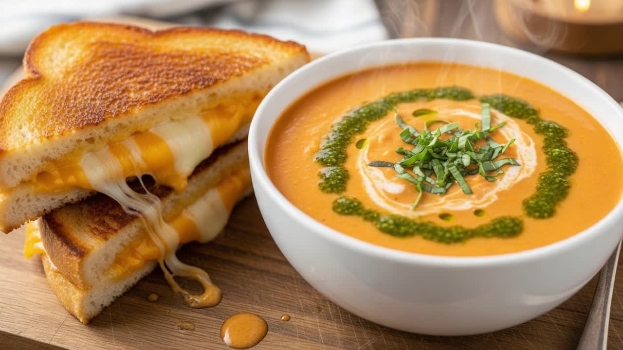 Lækker grillet ostesandwich sammen med cremet tomatsuppe, pyntet med frisk basilikum og dryppet med pesto for en indbydende kulinarisk oplevelse