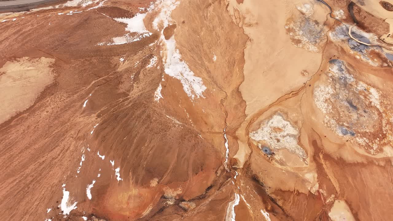 Námafjall Hverarönd geothermal area, Iceland, drone view with striking orange-hued earth and steaming vents in volcanic landscape.