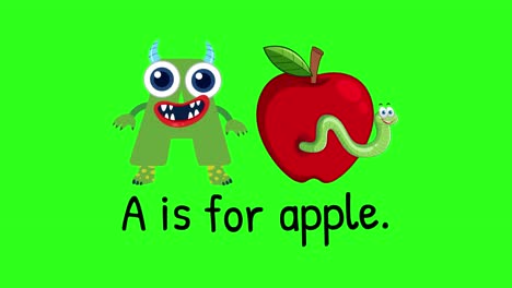 a playful animation featuring a cartoon monster and apple on a bright green background, teaching the letter a