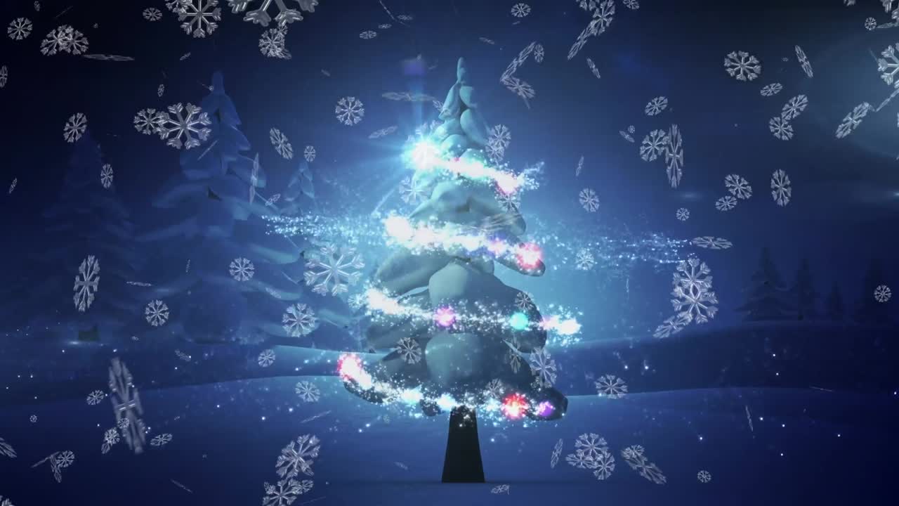 冬の背景にある流れ星とクリスマスツリーの上に雪の結晶が舞い落ちるアニメーション