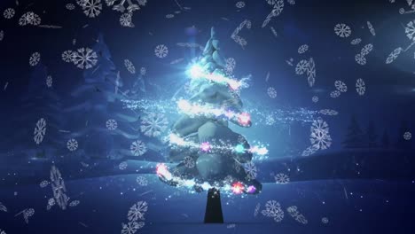 animation of snowflakes falling over shooting star and christmas tree on winter background