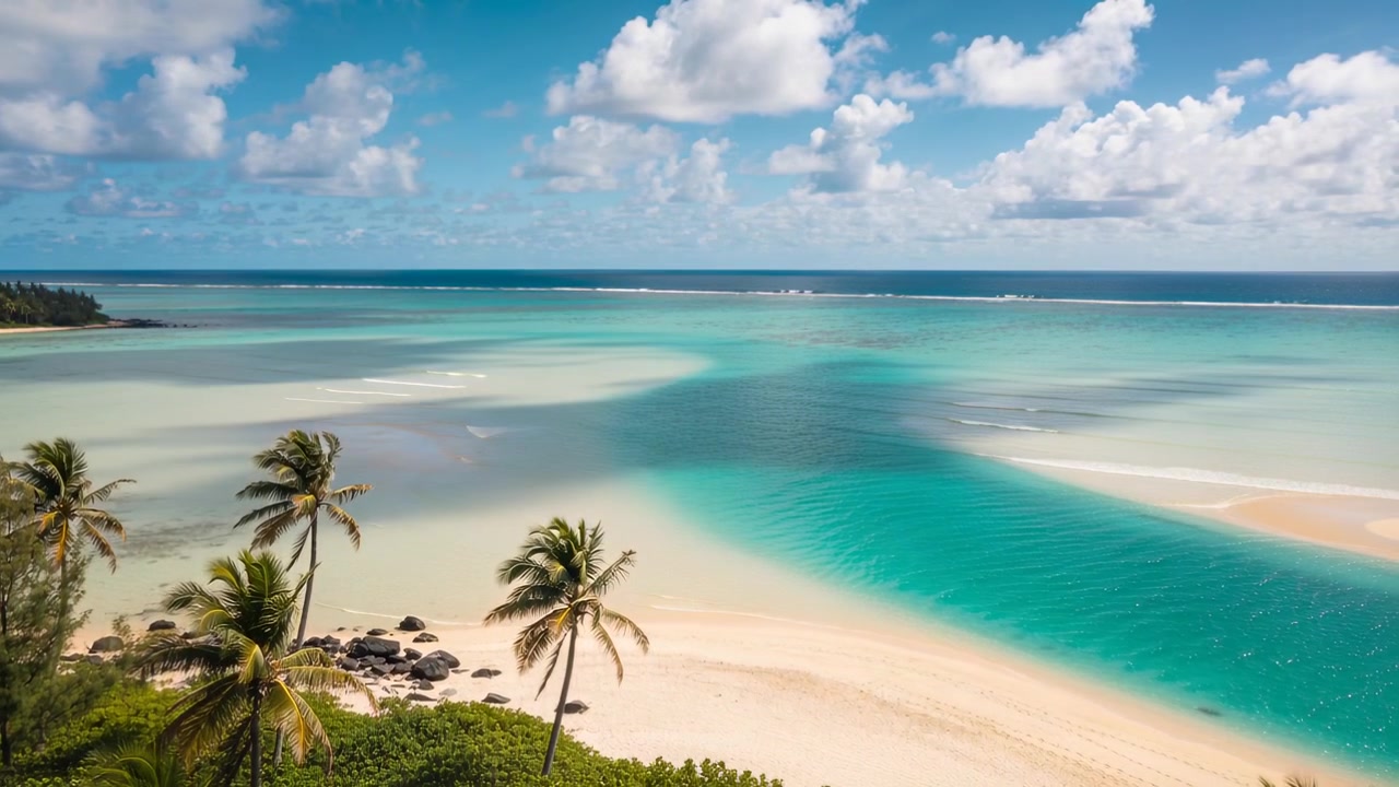 Un drone in volo rivela una laguna blu sinuosa con palme inclinate su una spiaggia tropicale per mostrare i banchi di sabbia.