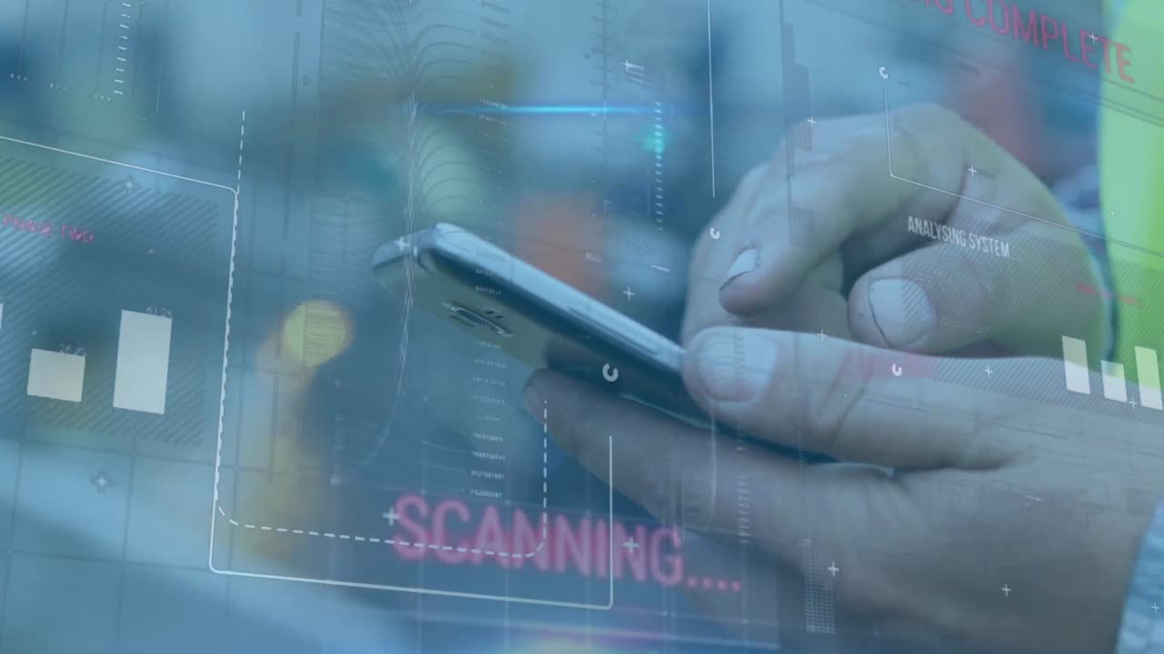 animación de diversos datos sobre las manos de un hombre caucásico usando un teléfono inteligente