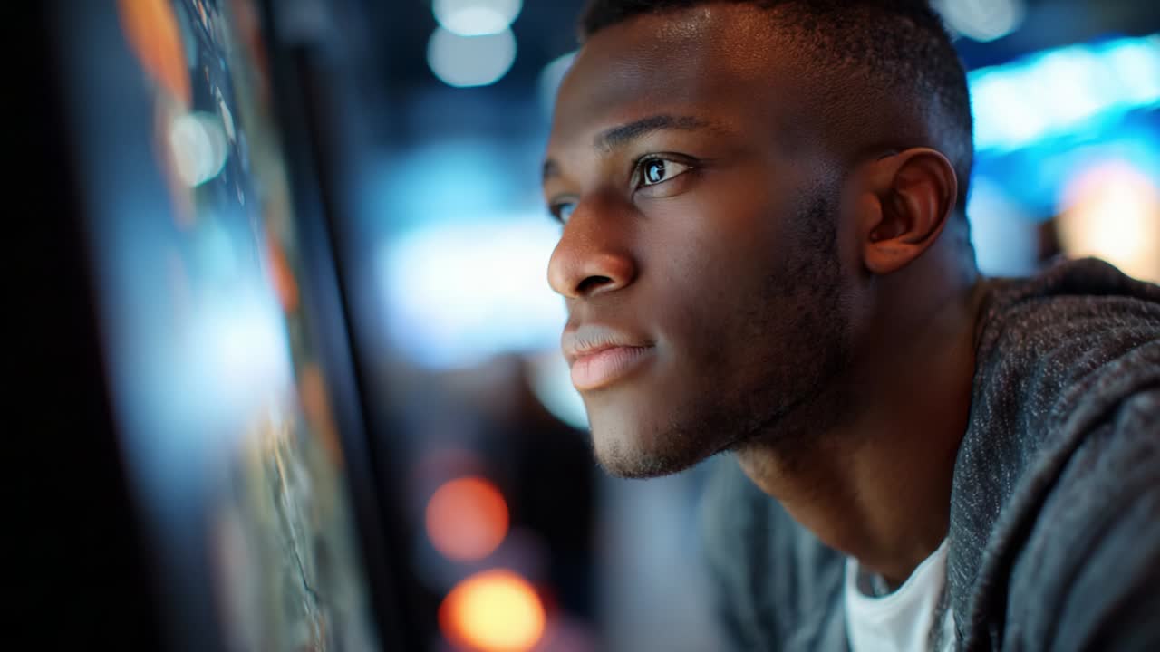 An Introspective Moment: A Young Man Contemplating Life at an Interactive Exhibit, Captured in a Series of Frames Highlighting Focus and Curiosity