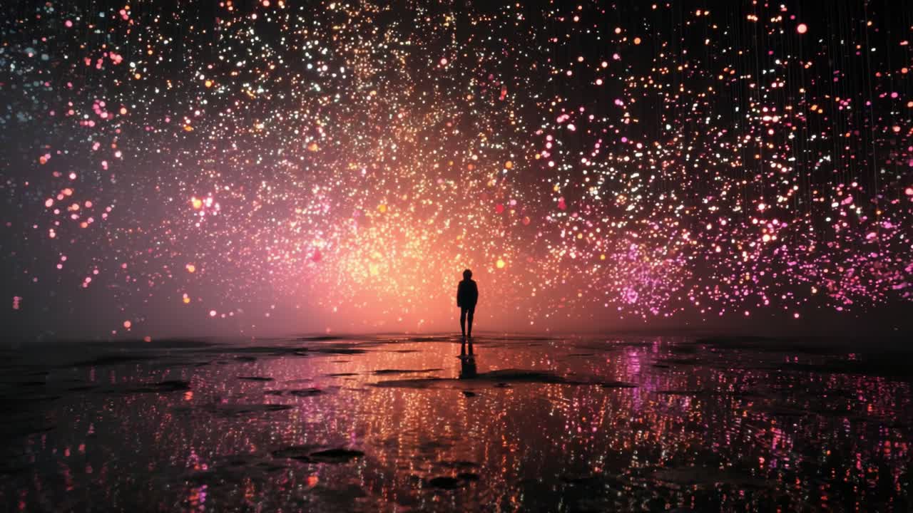 An Enchanting Journey Through a Dazzling Lightscape: A Silhouette Against a Mesmerizing Backdrop of Stars and Reflective Waters