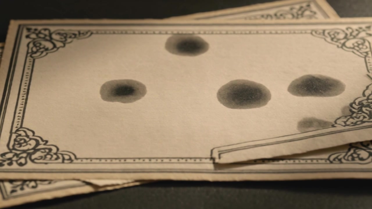 Camera shift showing ornate cards folded tab sliding across lower edge, five ink spots spreading