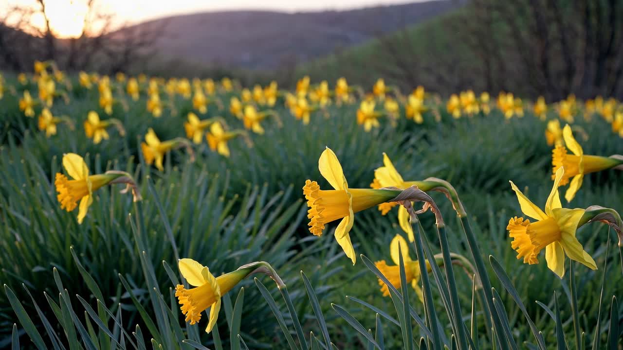 A low-angle shot captures a vibrant field of yellow daffodils at sunset, creating a serene