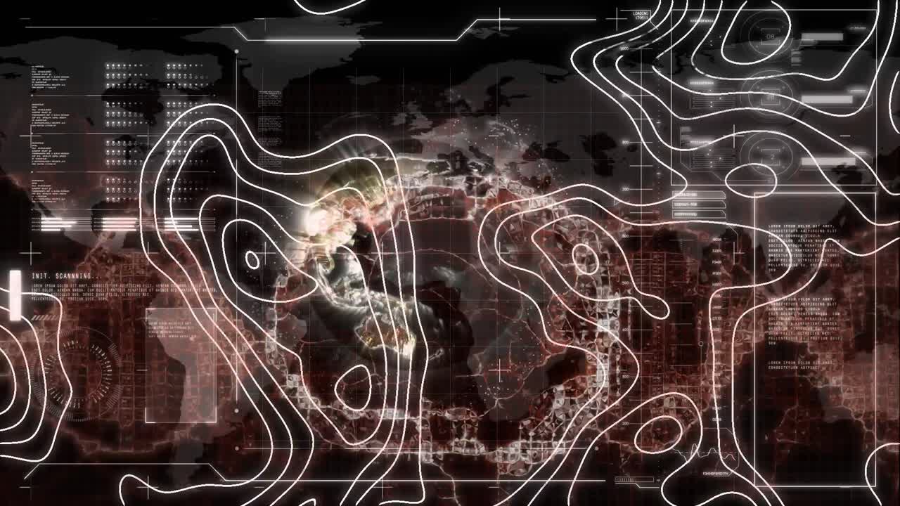 Animation of white lines, human brain and dna strand spinning with data processing on screen