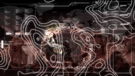 animación de líneas blancas, cerebro humano y cadena de adn girando con procesamiento de datos en la pantalla