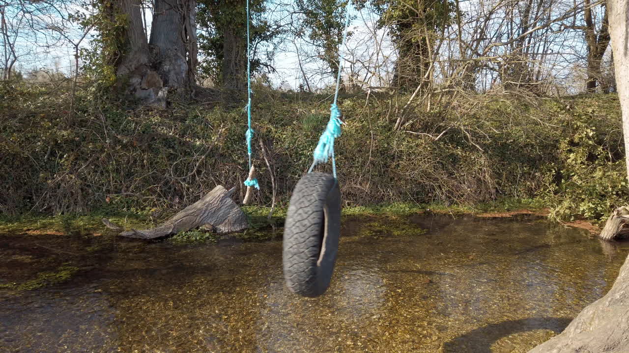 un neumático y un columpio de cuerda colgando sobre un arroyo poco profundo en el campo