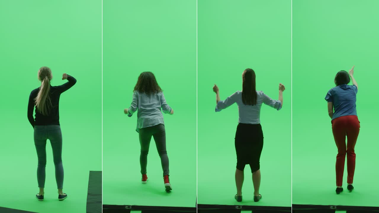 estudio de pantalla verde dividida 4-en-1: cuatro mujeres hermosas de diversas etnias, diferentes edades animando, aplaudiendo y celebrando la victoria en un evento deportivo, concierto, festival, fiesta. vista trasera en cámara lenta