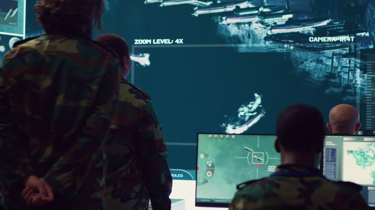 Military surveillance officers talk next to big screen in general headquarters
