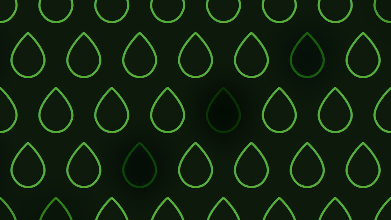 Falling green droplets on black captivating pattern of cascading droplets