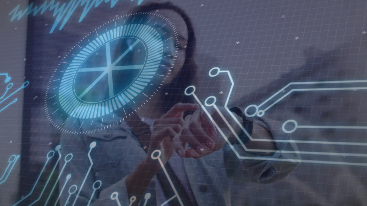 Woman raising arm tapping smartwatch, projecting data wheel and circuits for tech interface