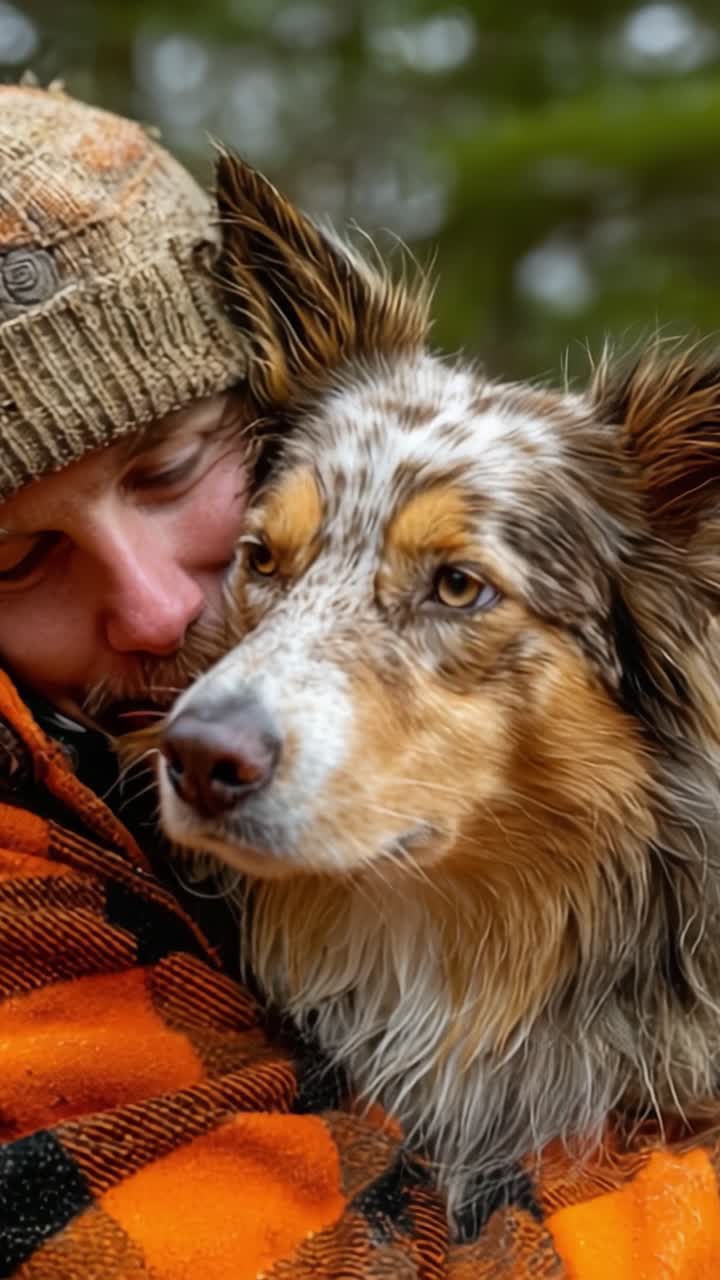 A Heartwarming Bond: A Person and Their Loyal Dog Share a Tender Moment Embraced in Warmth and Affection Amidst Nature's Beauty
