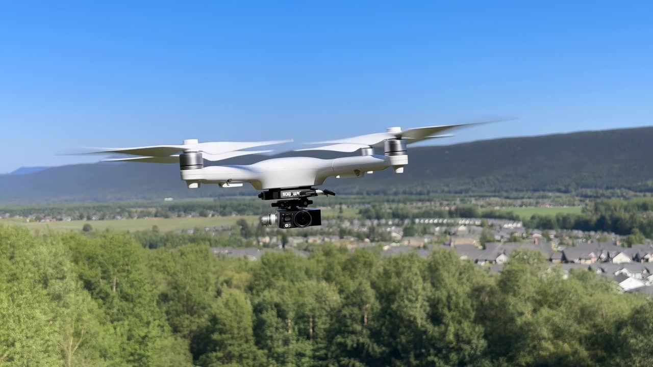 Un quadricottero dotato di telecamera rimane in volo sopra alberi frondosi, spostandosi delicatamente attraverso l'inquadratura, con case distanti e colline boscose visibili sotto una luce diurna chiara e luminosa.