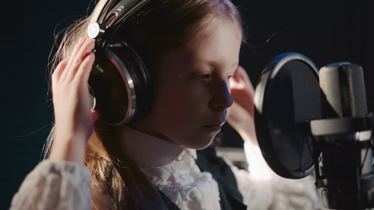 아이는 오디오 녹음 스튜디오에서 헤드폰을 조정합니다. 심각한 어린 소녀는 소리 격리 된 방에서 필터와 함께 마이크에 의해 큰 헤드폰를 설정합니다.