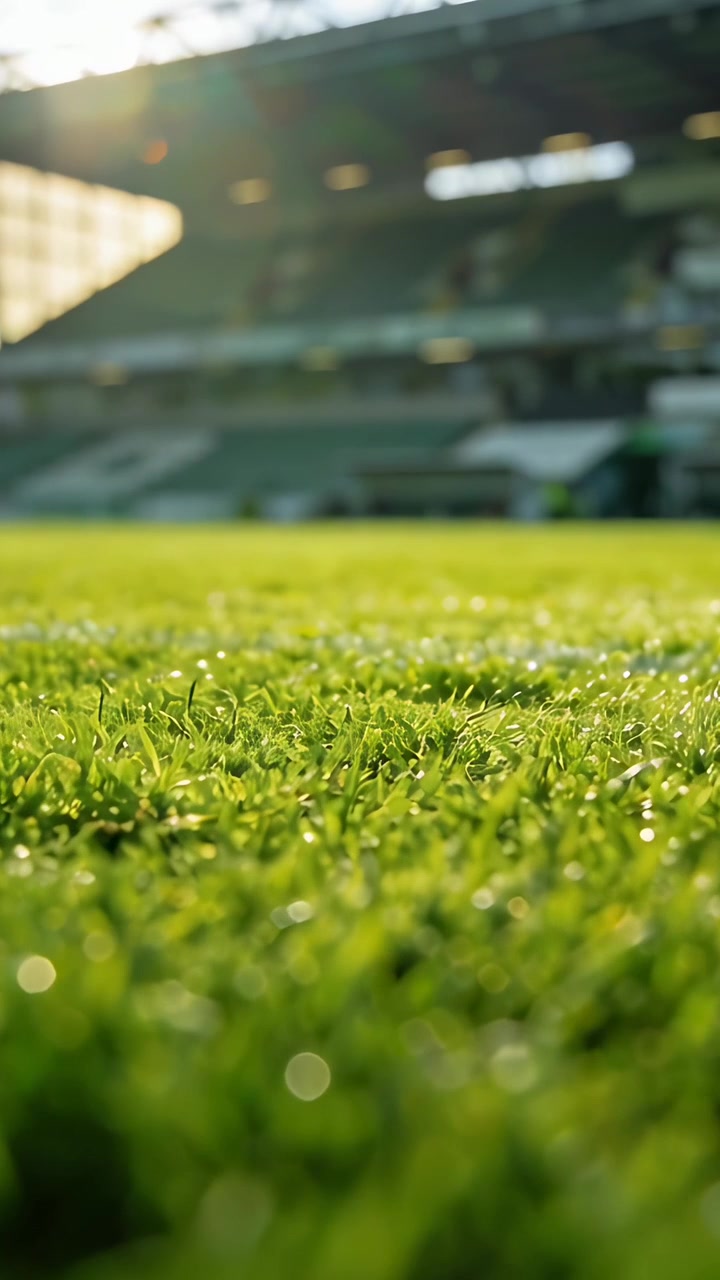 Pystysuuntainen video: Liikkuva matala kamera tarkentaa keskialueen ruohoon stadionilla, auringon heijastus näyttää kasteen.