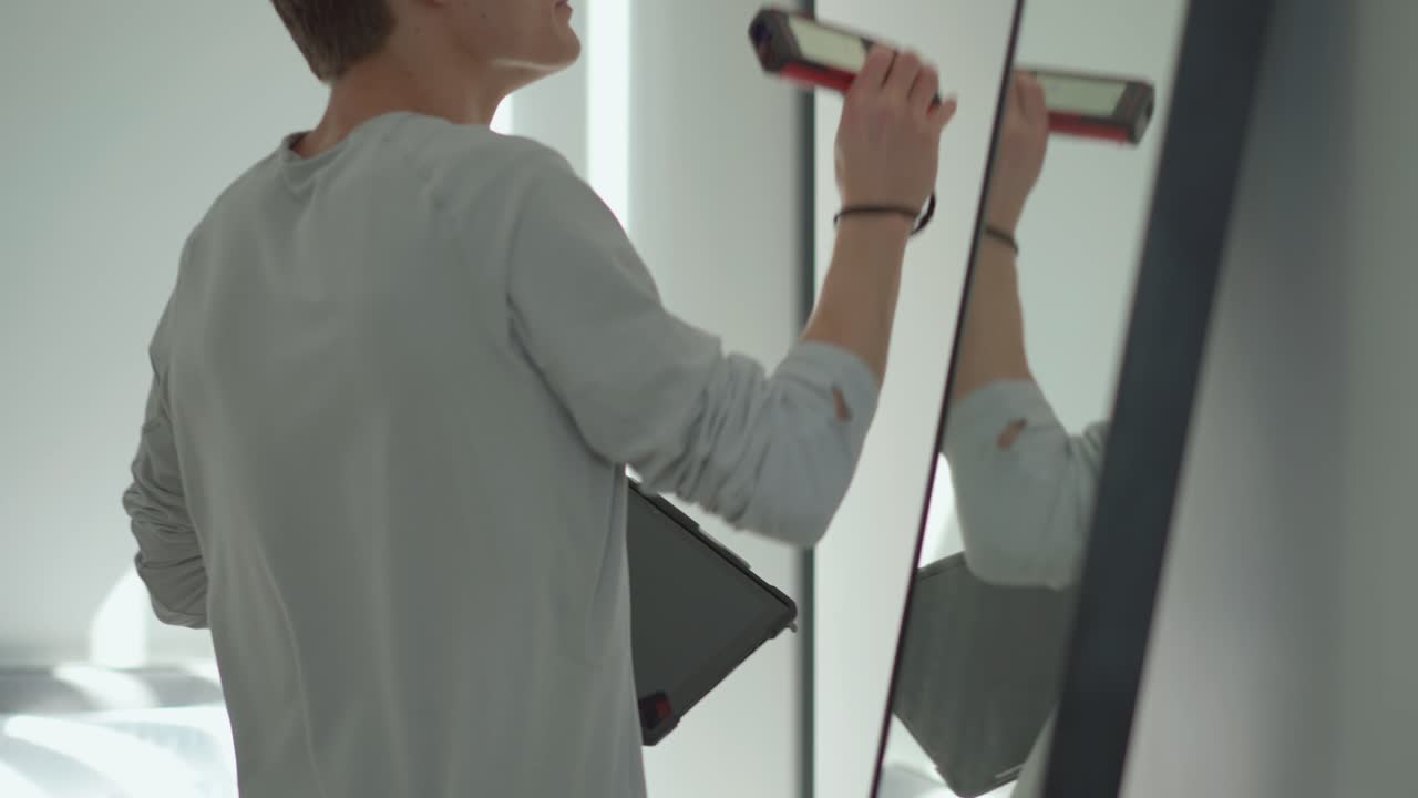 el técnico de planta masculino mide la habitación blanca limpia frente al espejo con confianza