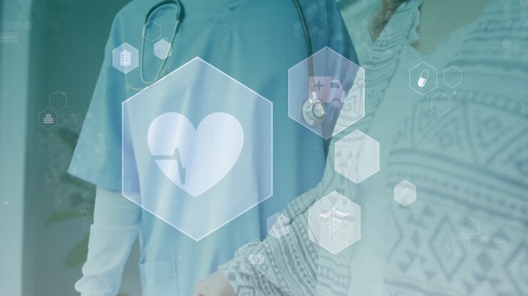 Múltiples íconos médicos sobre trabajadora de la salud asiática ayudando a una mujer mayor a caminar