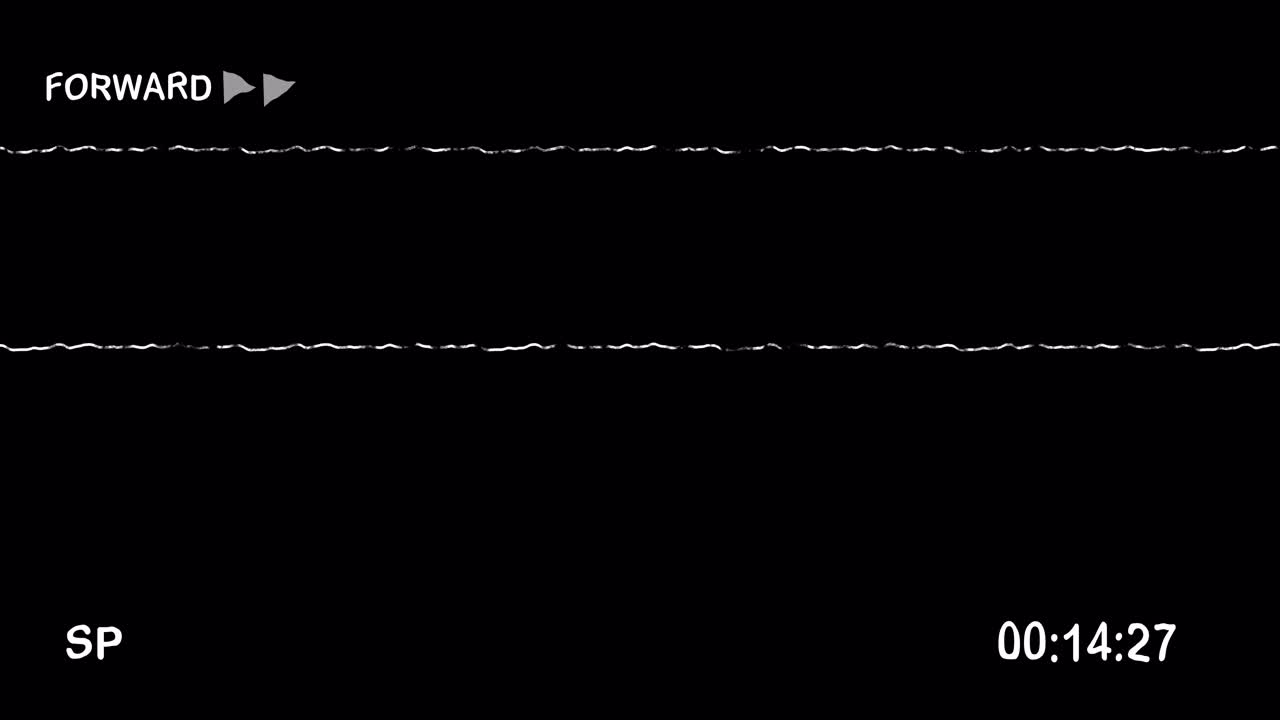 VHS-Vorspulbildschirm mit Rauschen und Timecode-Overlay.