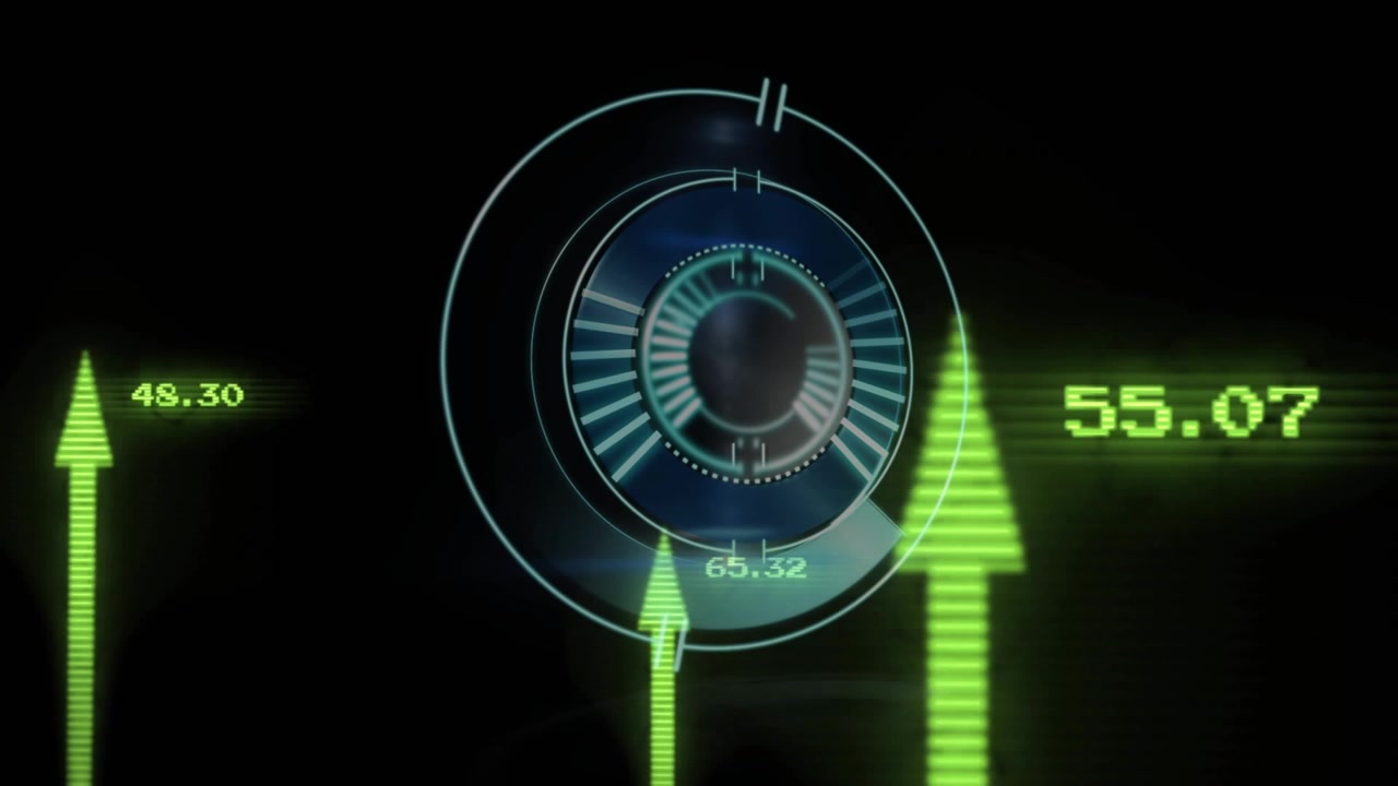 Dark HUD opening, causing green arrows rising, rotating rings animating numeric data display