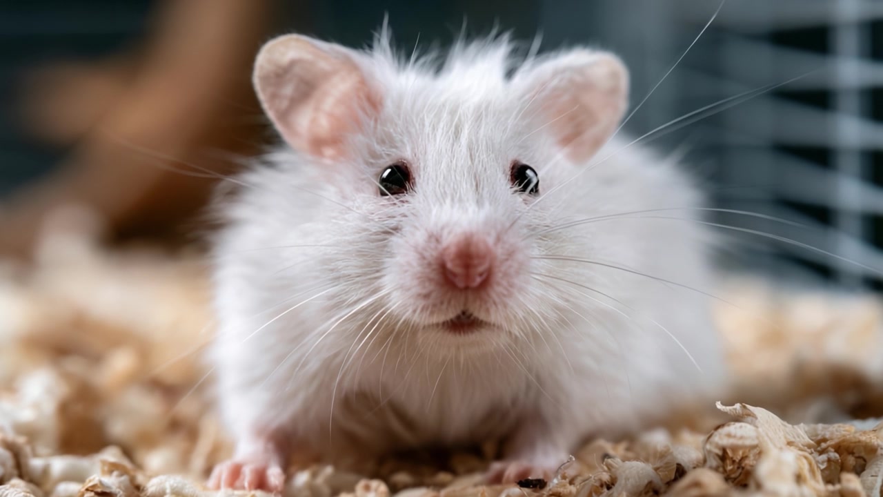 Un primo piano di un criceto bianco giocoso con pelliccia soffice, catturato nel suo accogliente habitat, che mostra la sua personalità curiosa e affascinante