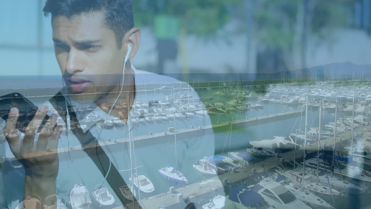 도시 풍경 위에서 스마트폰을 사용하는 사람의 애니메이션