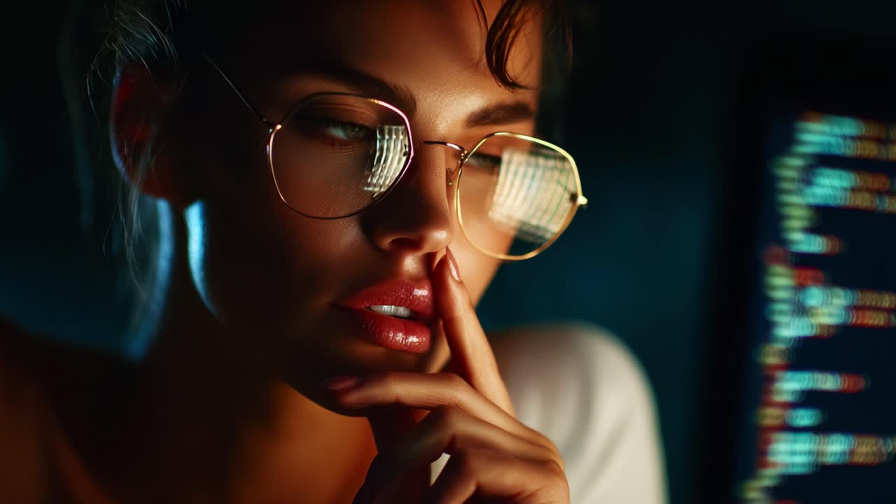 A Thoughtful Moment: A Close-Up of a Young Woman with Glasses, Deep in Contemplation, Capturing a Mysterious and Introspective Atmosphere with a Background of Colorful Light Patterns